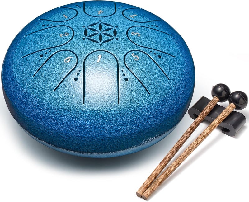 PUJONI Steel Tongue Drum, 6 Inch 8 Notes Percussion Instruments with Music Book, Mallets, Carry Bag, Finger Picks, Gifts for Beginners Musical Education & Adults Relaxation Meditation (Seablue) - Image 1